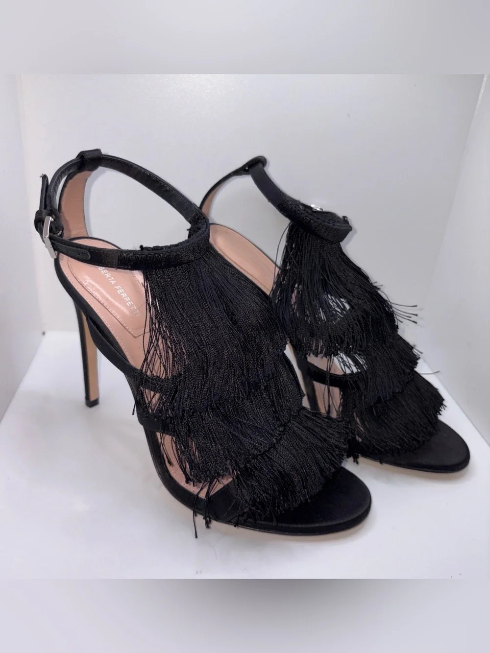 ALBERTA FERRETTI Black Tassel Fringe Shoes Stiletto High Heels SZ EU 39 US 8.5